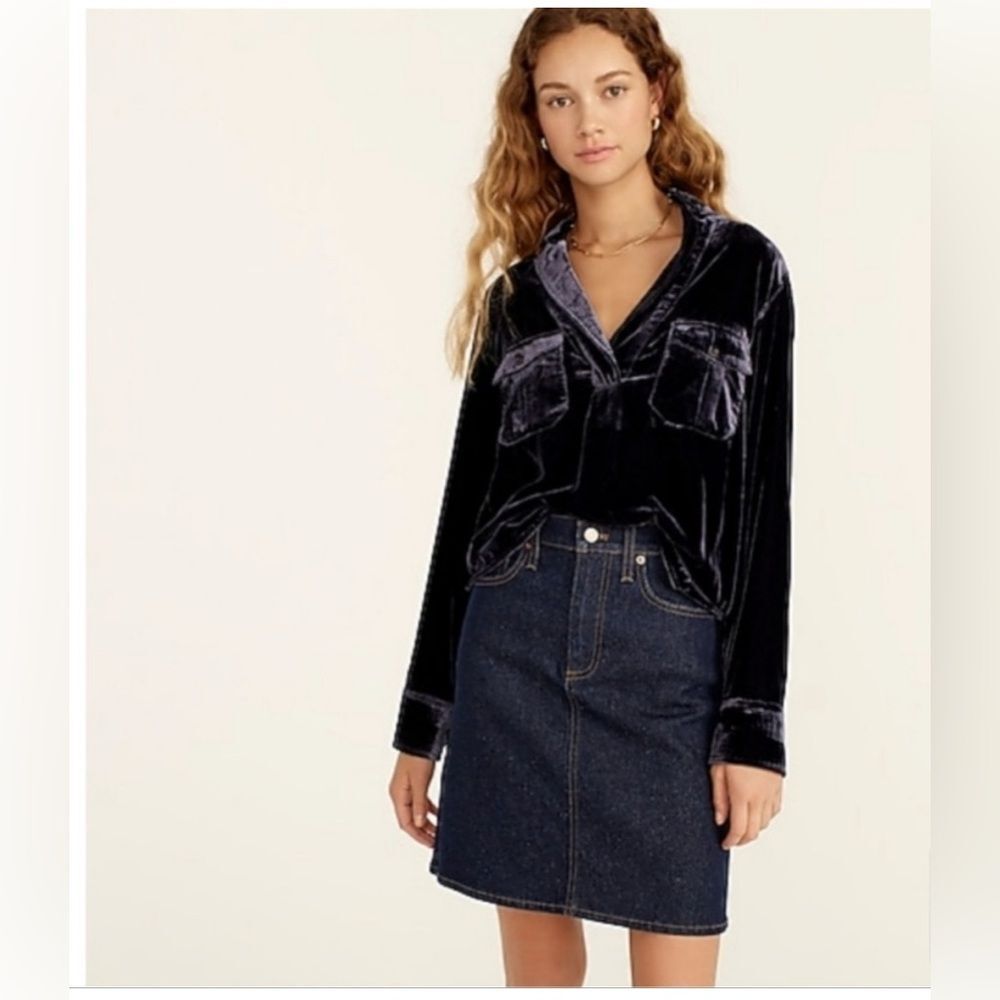 NWT J. Crew Velvet Velour Patch Pocket Popover Shirt Blue XS